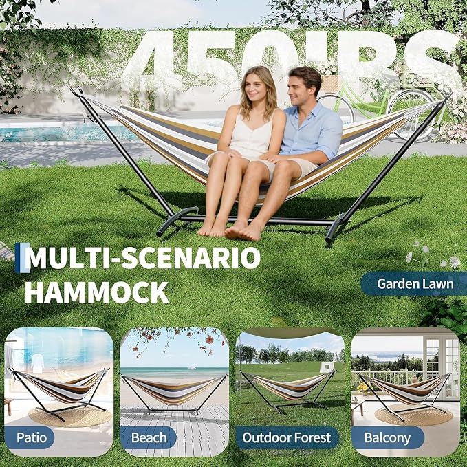 Double Hammock with Space-Saving Steel Stand - 2 Person Portable Heavy Duty Hammock with Carrying Bag for Outdoors & Indoors, Easy Assembly, 350 lbs Capacity, Brown Stripes