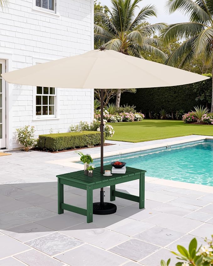 SERWALL Outdoor Coffee Table with 9FT Umbrella, HDPE Patio Coffee Table for Outside, Rectangle, Green(Not Include Umbrella Base)