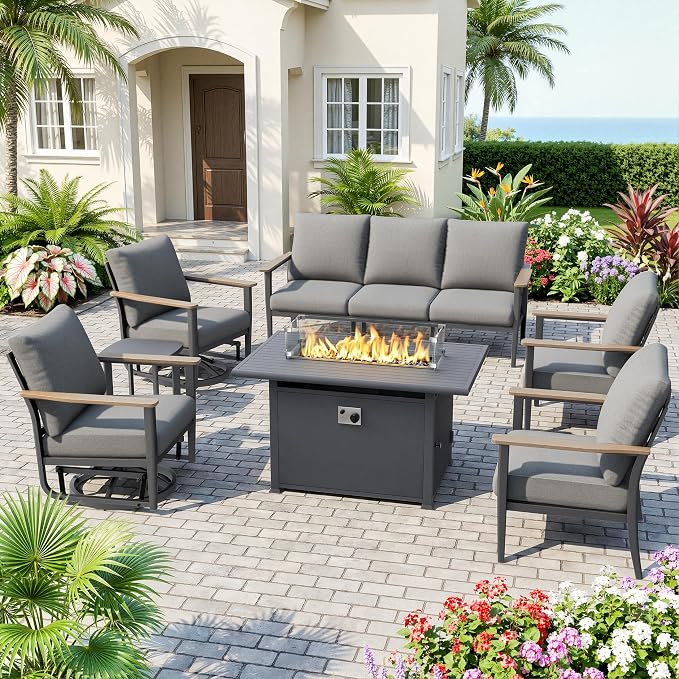 Aluminum Outdoor Patio Furniture Set with Swivel Rocking Chairs 9-Seat, Patio Sectional Sofa Patio Conversation Set with 55,000 BTU Fire Pit Table High Backrest & Thickened Cushions, Grey