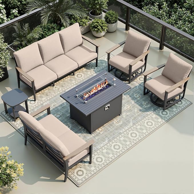 Aluminum Outdoor Patio Furniture Set with Swivel Rocking Chairs 7-Seat, Patio Sectional Sofa Patio Conversation Set with 55,000 BTU Fire Pit Table High Backrest & Thickened Cushions, Sand