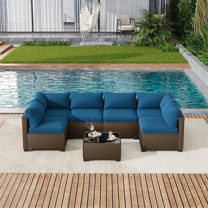 LOUVIXA 7 Piece Outdoor Patio Furniture Set, Outdoor Sectional Sofa, Wicker Rattan Patio Furniture, Patio Conversation Set with Coffee Table & Cushions