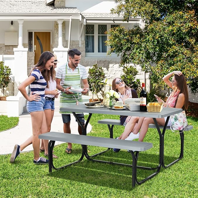 COSTWAY Outdoor Picnic Table, HDPE Plastic Picnic Table Bench Set with Weather Resistant Tabletop & Wood Texture, Ideal for Patio, Backyard (59" D x 54" W x 28.5" H,Grey)