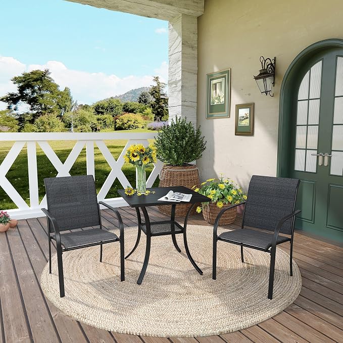 DIFY 3-Piece Outdoor Patio Bistro Dining Set, Black Small Square Dining Table & 2 Grey Stackable Metal Chairs with Breathable Fabric, Outdoor Furniture Set for Balcony, Porch, and Deck