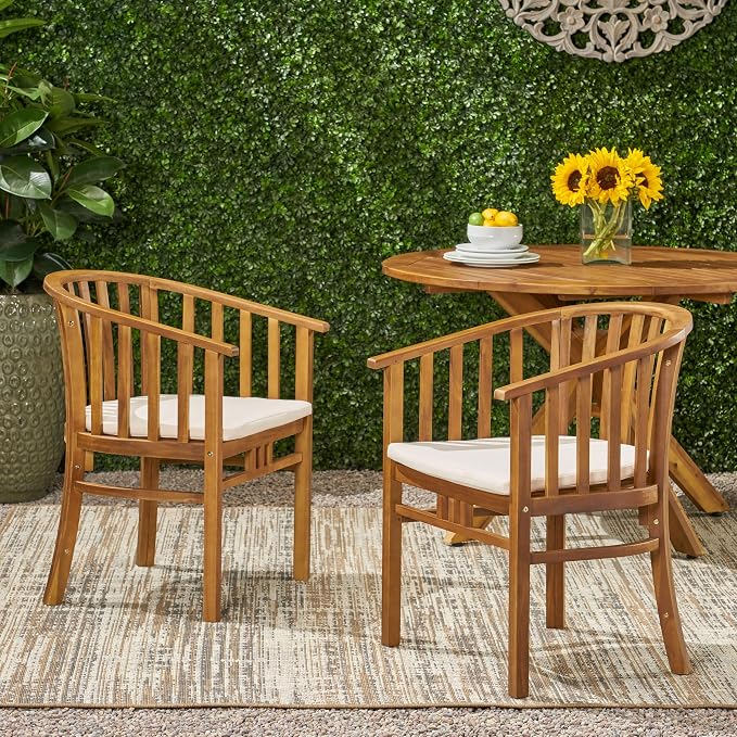 Merax Patio Armchairs Set of 2 Acacia Wood Outdoor Dining Chairs with Curved Back & Armrest & Water-Resistant Cushions for Porch Deck Garden Backyard, Teak Finish