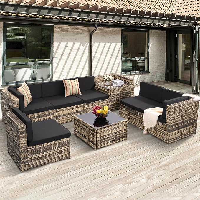 KROFEM 8 Piece Patio Furniture Set, Outdoor Modular Conversation Set, Black | UV Treated Wickers, Machine Washable Cushions, Seats 6, 2 Hidden Storage Compartments, Rustproof Frame, Waterproof