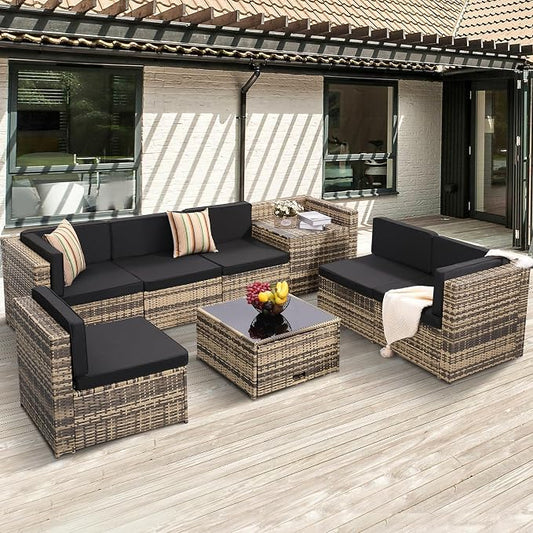 KROFEM 8 Piece Patio Furniture Set, Outdoor Modular Conversation Set, Black | UV Treated Wickers, Machine Washable Cushions, Seats 6, 2 Hidden Storage Compartments, Rustproof Frame, Waterproof