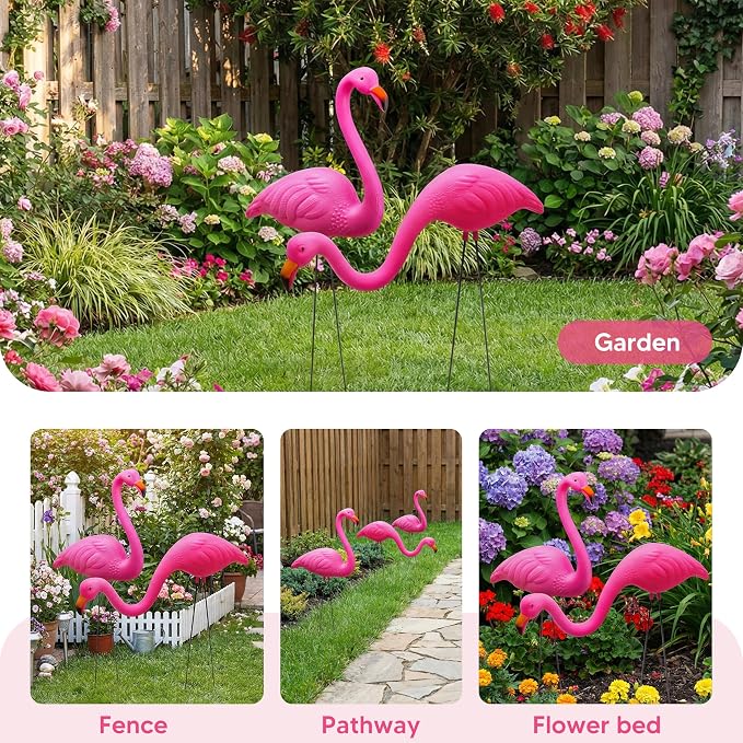JOYIN Set of 6 Small Pink Flamingo Yard Ornament Stakes, 17" Plastic Flamingo Lawn Statues with Metal Legs for Sidewalks, Outdoor Garden Decor, Luau & Pool Party Decorations, 2 Styles