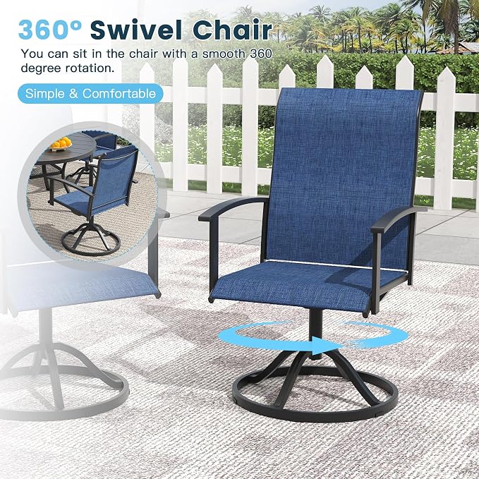 9 Pieces Outdoor Patio Dining Set, 70.9" All Weather Rectangle Metal Table with Umbrella Hole and 8 High Back Textilene Swivel Chairs for Garden, Lawn, Poolside, Black Table&Blue Chairs