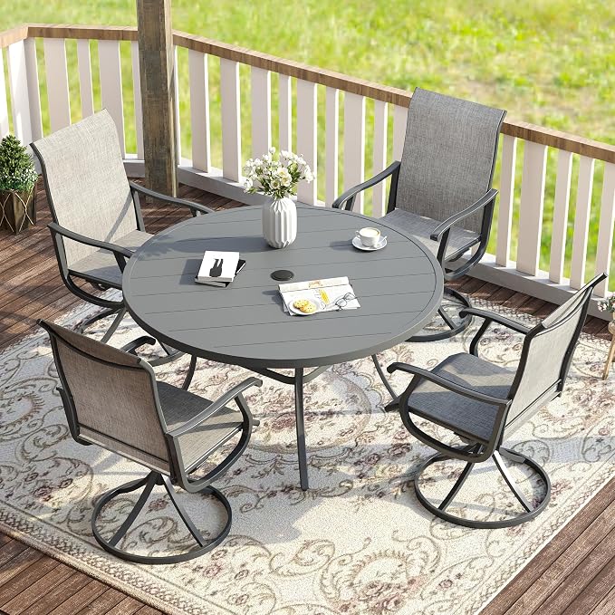 VICLLAX 5 Pieces Patio Dining Set, Outdoor Dining Set for 4-40.6" Round Patio Table and 4 Outdoor Swivel Chairs for Lawn Garden, Grey Tabletop and Grey Fabric
