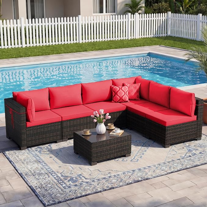 LAFWLL 7 Pieces Outdoor Patio Furniture Sets,Rattan Conversation Sectional Set,Manual Weaving Wicker Patio Sofa with Tea Table