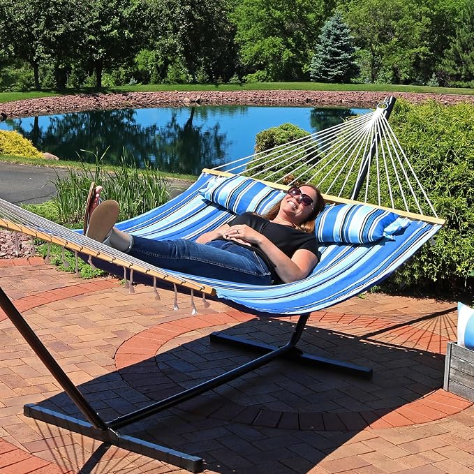 Sunnydaze Quilted Double Hammock for Outside with Spreader Bars and Pillow - 450 lb Capacity, 74x55 Inch Bed, UV Resistant, Quick Dry - Chains Included, Stand Sold Separately - Misty Beach