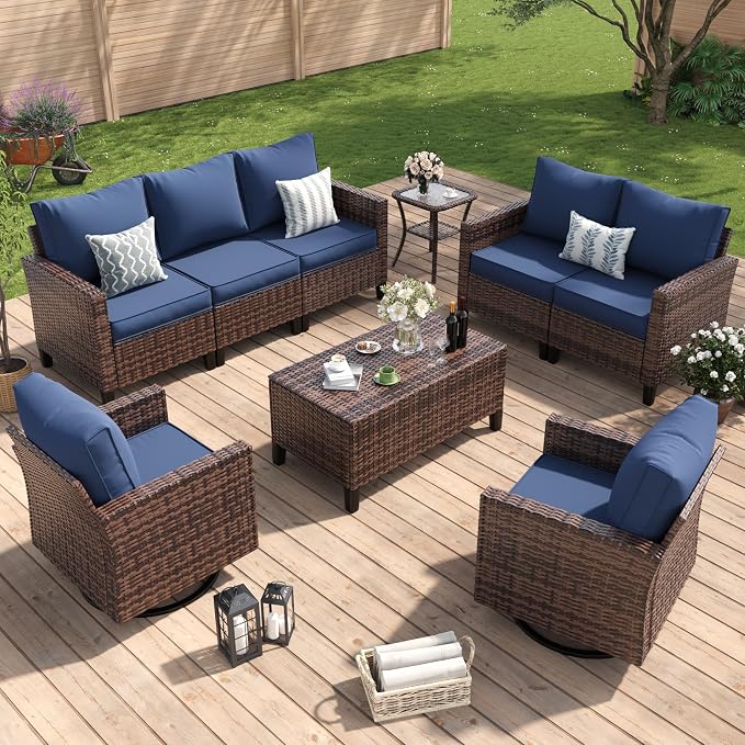 Amopatio Patio Furniture Set, Wicker Outdoor Sectional Sofa with Swivel Rocker Chairs, All-Weather Rattan Conversation Set, Storage Coffee Table, Waterproof Cover for Backyard, Deck Brown/Navy 6 PCS