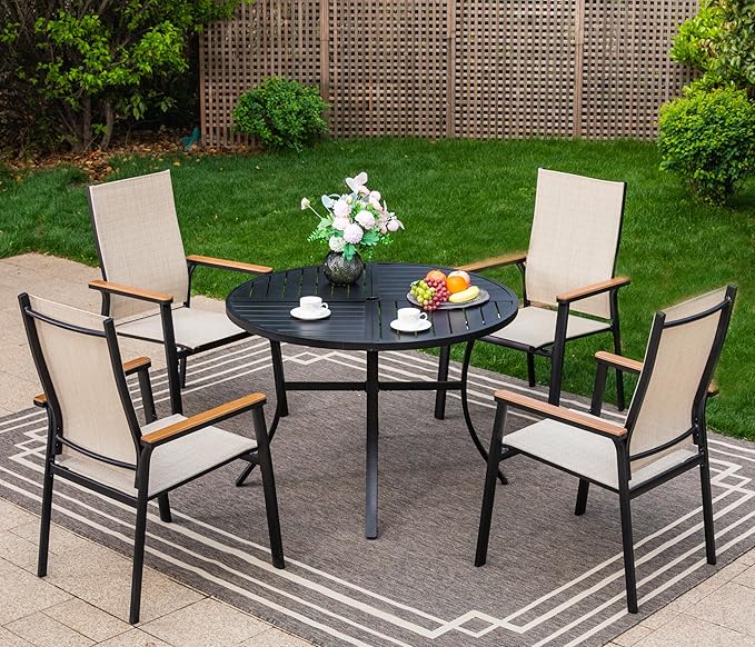 Sophia & William Round Patio Dining Set for 4 with Aluminum Chairs, Beige | Metal table, Stackable sling chairs, Breathable & quick-drying, Light-weight & space-saving, Umbrella Hole, Outdoor, 5 piece