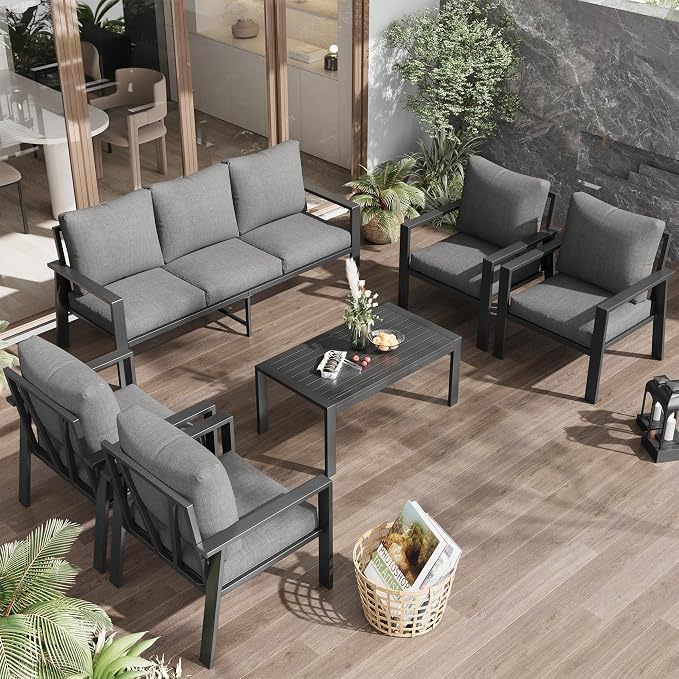 Aluminum Patio Conversation Sets All-Weather Sectional Outdoor Furniture Set with Coffee Table & Cushions with Removable Covers for for Backyard, Garden and Poolside Easy Assembly(Gray)