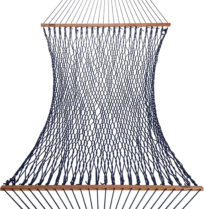 Hatteras Hammocks Deluxe Navy Duracord Rope Hammock with Free Extension Chains & Tree Hooks, Handcrafted in The USA, 450 LB Weight Capacity, 13 ft. x 60 in