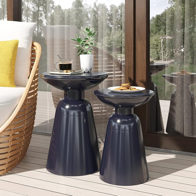 Merax Outdoor Iron Side Tables Set of 2 (15"x21", 12"x17") Modern Art Flared Design Weather Resistant End Table for Indoor Outdoor Patio Backyard Pool (Navy Blue)