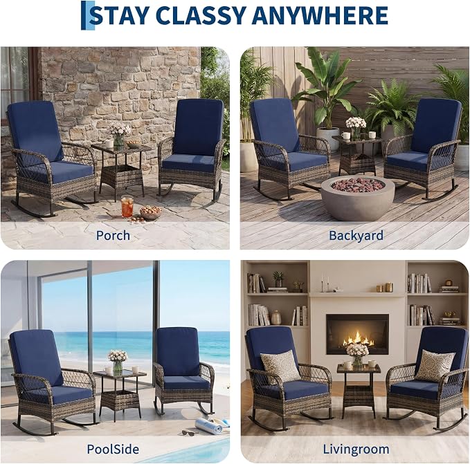 IDEALHOUSE 3 Piece Wicker Patio Rocking Chair Set, Outdoor Rattan Conversation Set with Coffee Table & Blue Cushions, All-Weather Bistro Furniture for Porch Garden and Balcony