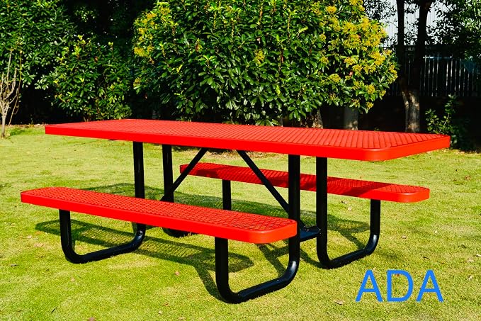 ADA Outdoor Picnic Table, Expanded Metal, Wheelchair Accessible, Red, 96 Inch
