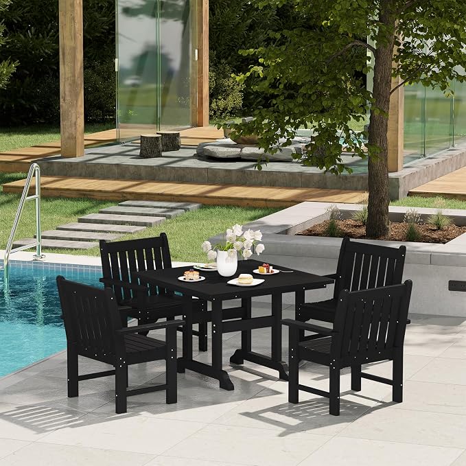 Costaelm Square Outdoor Dining Tables, 43'' Patio Table with Umbrella Hole for 4 Person, Balcony Outdoor Buffet Porch for Outside Lawn Porch Bistro Furniture, Black