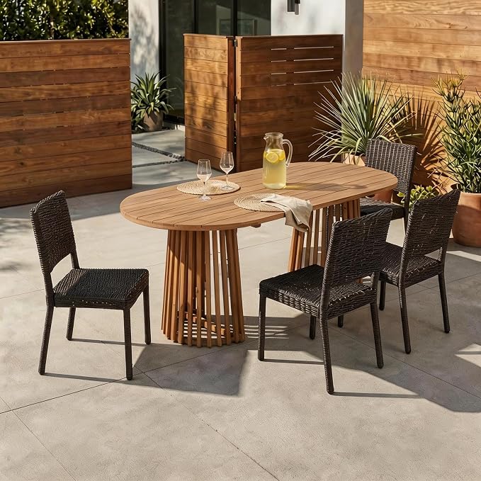Christopher Knight Home Farley Acacia Wood Outdoor Dining Set for 4, 5 Piece Patio Dining Table and Chair Set, Faux Rattan Outdoor Dining Chair and Table Set, Brown