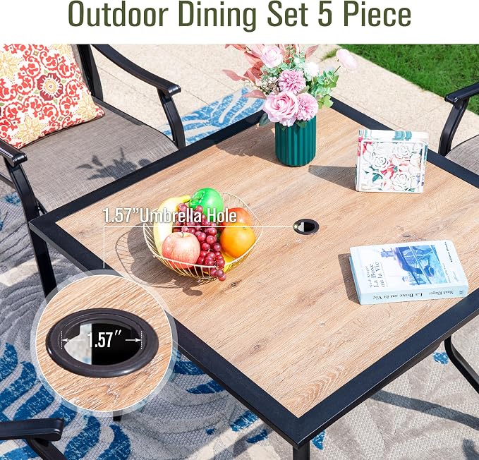 Sophia & William 5-Piece Outdoor Dining Set, 4 Comfortable Textilene Chairs and 37" Wood-like Top Outdoor Square Table, Durable All-Weather Patio Furniture for Lawn, Park, and Courtyard Support 350lbs