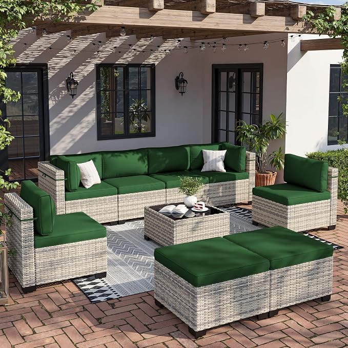 9-Piece Patio Furniture Set, Outdoor with Ottomans, Modular Patio Sofa, Dual-Strand Wicker Rattan, Rust-Resistant Frame, Backyard Furniture for Garden, Deck, Dark Green