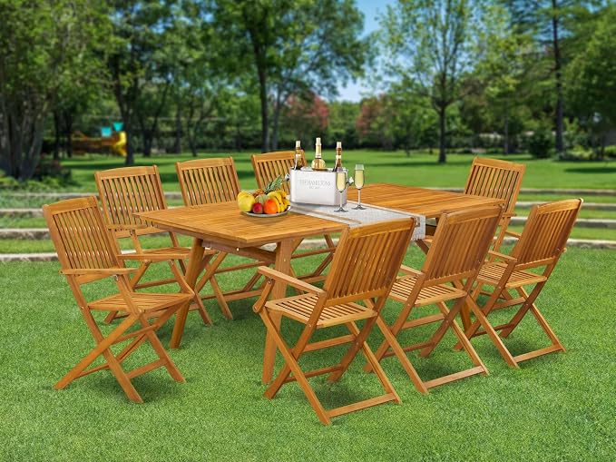 East West Furniture DECM9CANA 9 Piece Patio Bistro Dining Furniture Set Includes a Rectangle Outdoor Acacia Wood Table and 8 Folding Arm Chairs, 40x72 Inch, Natural Oil