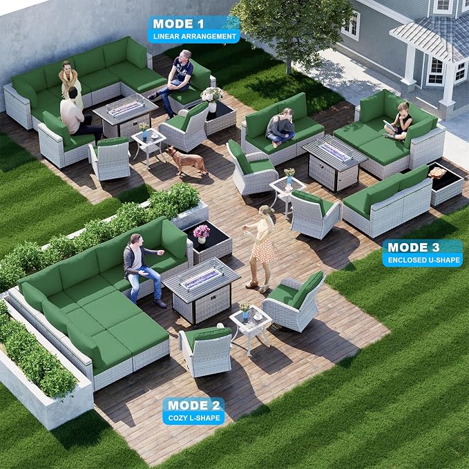 13-Piece Patio Furniture Set, Outdoor Patio Furniture with Swivel Chairs Set, Ottomans, 55,000 BTU Fire Pit Table, Modular Patio Sofa, Dual-Strand Wicker Rattan, Rust-Resistant Frame, Dark Green