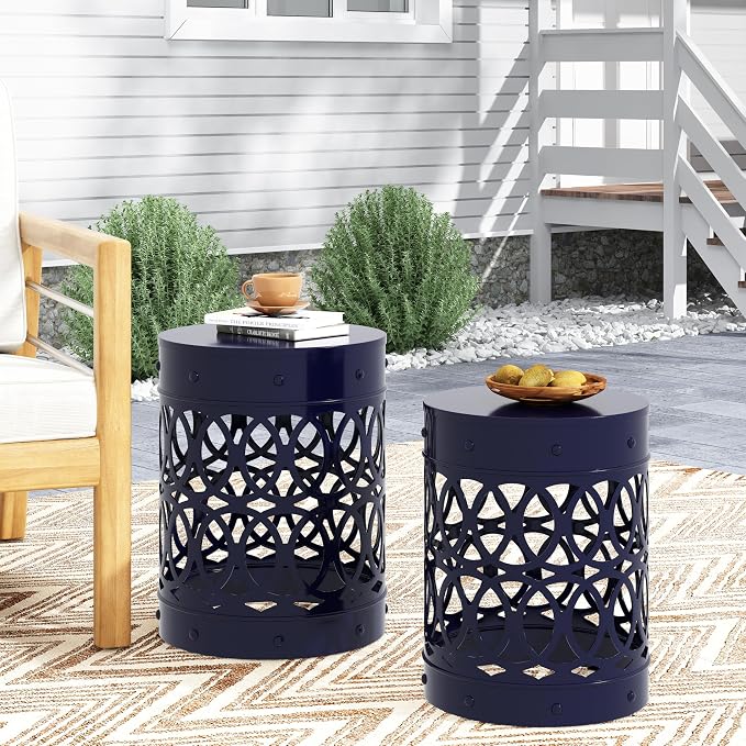 Set of 2 Round Metal Patio Side Tables Steel Accent End Tables with Geometric Circle Cut-Outs Weather Resistant Small Outdoor Furniture for Deck Pool Yard Balcony No Assembly,Navy Blue