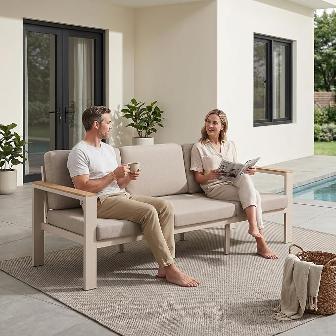 Outdoor Patio Sofa, 3-Seat Aluminum Outdoor Couch with 5-Inch Water-Resistant Cushions, Powder-Coated Frame for Porch, Deck, Backyard, Garden, Poolside, Beige