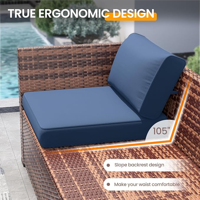 UDPATIO Patio Furniture Set, 7 Pieces Outdoor Sectional Sofa with 105°Slanted Back, Modular Rattan Conversation Set for Poolside, Backyard, Deck, with Coffee Table, Blue