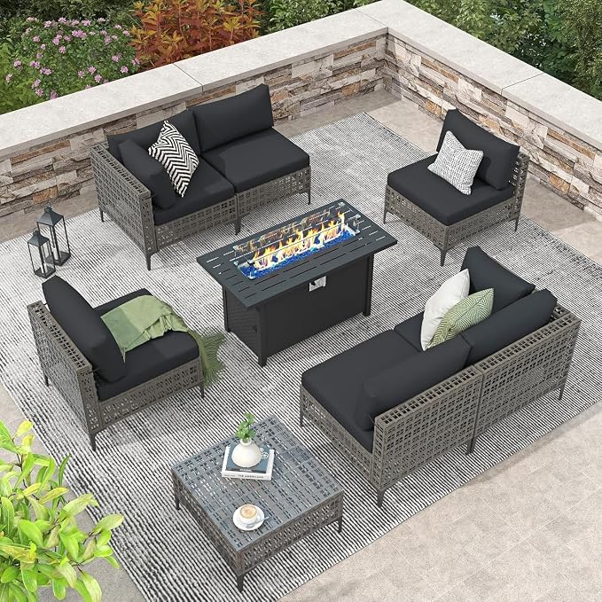 8-Piece Wicker Patio Furniture Set with Propane Fire Pit Table, Natural PE Rattan Outdoor Sectional Sofa with Water-Resistant Cushions, Wind Guard and Cover for Backyard Lounge Area(Black2)