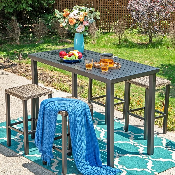 Sophia & William 37" Tall Patio Outdoor Bar Table, Metal Counter Height Dining Table with Wood Grain Tabletop, Adjustable Feet Mats, Rectangular Bistro Table with E-Coating for Porch Yard Lawn