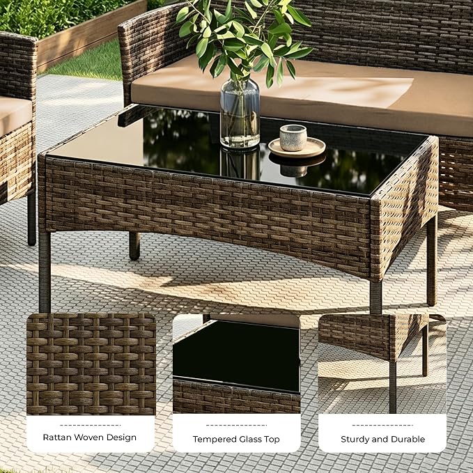 4 Pieces Outdoor Patio Furniture Set, Wicker Patio Conversation Set with Tea Table, All-Weather Outside Rattan Sectional Sofa for Backyard, Poolside, Garden, Balcony, Brown/Beige