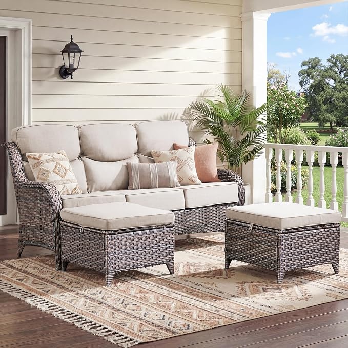 Luxury 3 Pieces Patio Furniture Sets-All Weather Wicker Rattan 3-Seat Sofa Set with Comfy 6" Cushion, Multifunctional Ottomans Patio Conversation Set for Deck Backyard Garden(Brown/Beige)