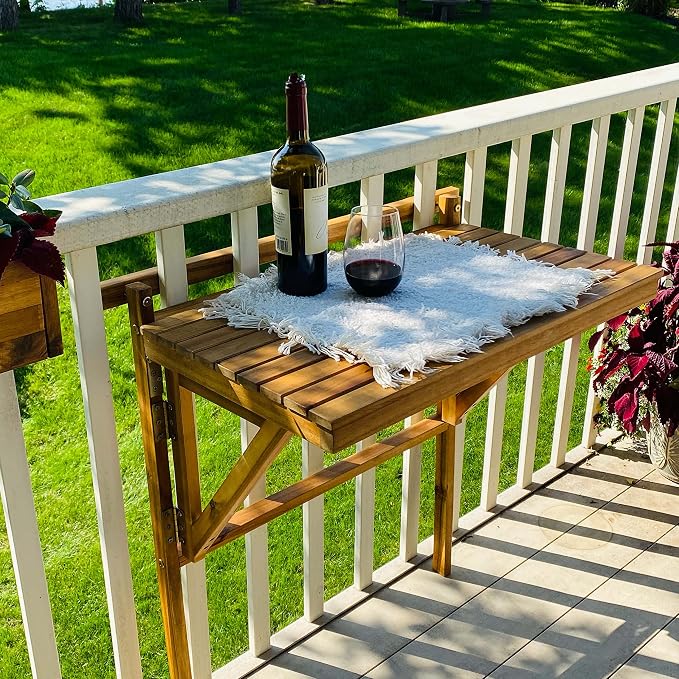 Patio Wise Outdoor Folding Balcony Table, Foldable Acacia Wood Deck Bar, Portable Apartment, Balcony, Railing, & Porch Furniture, 27-Inches W x 15 3/4-Inches D x 31.97-Inches H, Teak