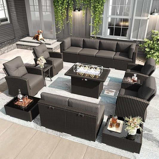 LayinSun 15 Pieces Patio Furniture Set with Fire Pit Table, Black Rattan Modular Sectional Outdoor Conversation Sofa Set, Swivel Rocking Chairs Set
