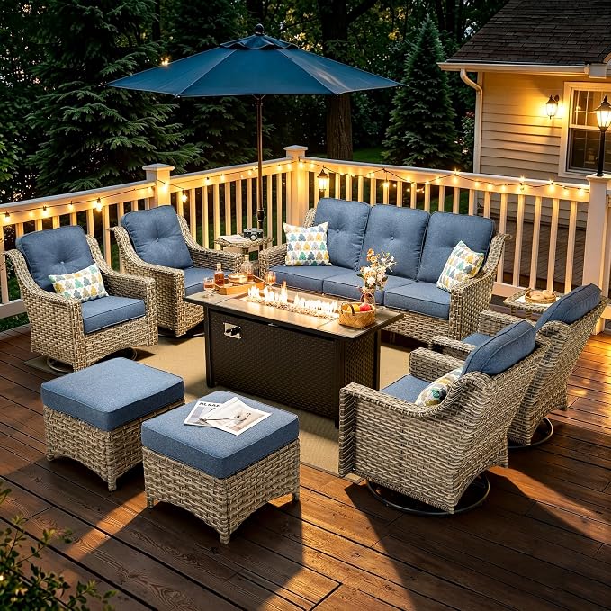 10 Piece Patio Furniture Set with Fire Pit Table, Outdoor Wicker High Back Sofa and Swivel Rocker Chairs Set of 4 with Ottoman, Large Conversation Sets for Backyard Deck Garden, Denim Blue