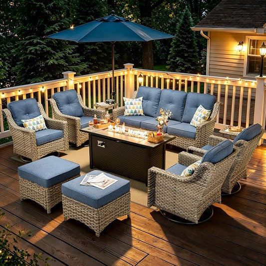 10 Piece Patio Furniture Set with Fire Pit Table, Outdoor Wicker High Back Sofa and Swivel Rocker Chairs Set of 4 with Ottoman, Large Conversation Sets for Backyard Deck Garden, Denim Blue