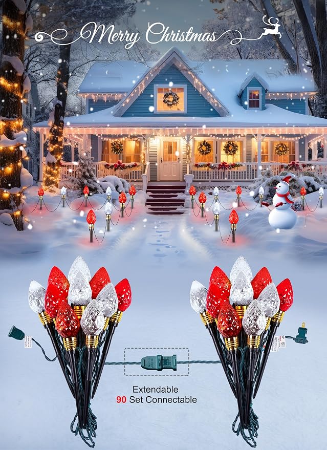2 Pack Strawberry C9 Christmas Pathway Lights Outdoor, Total 34.8 Feet | 20 LED C9 Pathway Lights, Connectable Christmas Light Outdoor Decoration for Lawn Yard Holiday Walkway, Red & Pure White