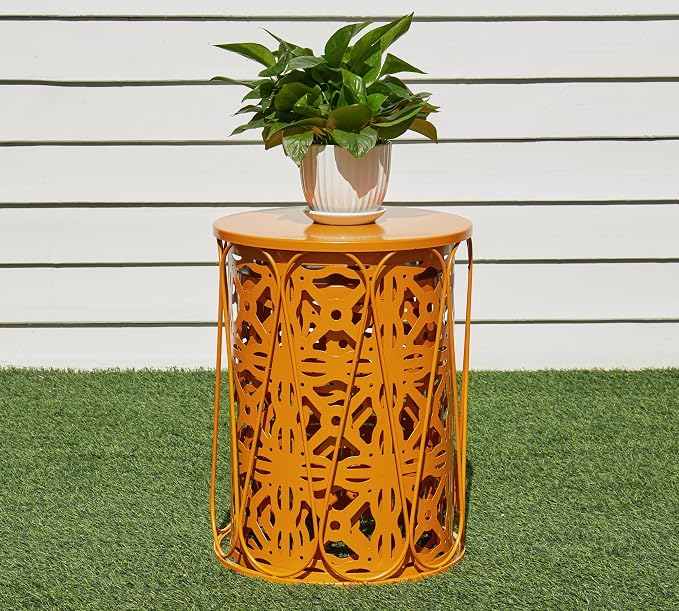 HFHOME Set of 3 Metal Outdoor Side Table, Nesting Round Coffee Table for Indoor Outdoor, Heavy Duty End Tables Plant Stand Living Room Garden Stool - Orange
