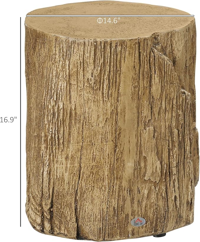 HOMCOM Tree Stump Stool, Decorative Side Table with Round Tabletop, Concrete End Table with Wood Grain Finish for Indoors and Outdoors, Natural