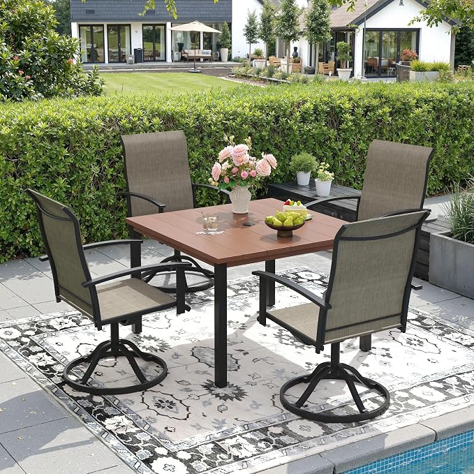 DIFY 40.2" Square Outdoor Dining Table for 4, Slatted Metal Patio Table with Adjustable Umbrella Hole, All-Weather Patio Dining Table for Garden Backyard Deck, Walnut Tabletop