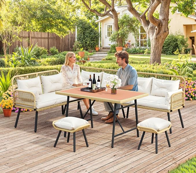 YITAHOME 9PCS Wicker Patio Furniture Set with Ottomans & Plastic Wood Dining Table, Modular Outdoor Sectional Sofa, All-Weather Rattan Sofa with Soft Cushions for Deck Backyard (Light Brown+Beige)