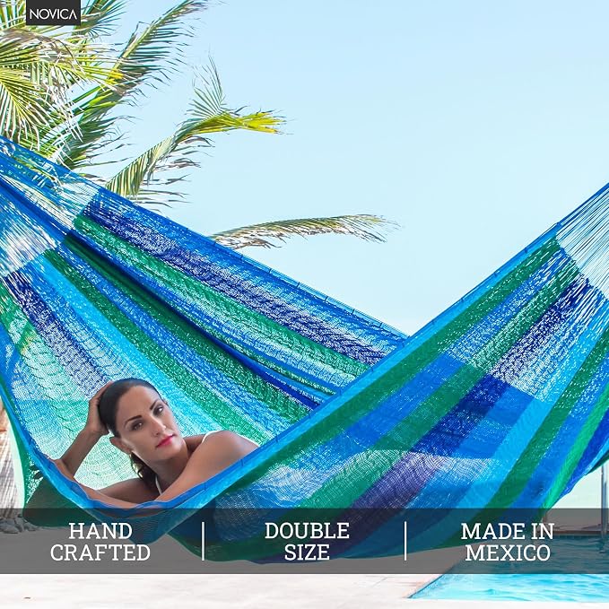 NOVICA Artisan Sea Breeze Double Hammock, Handmade Blue Striped Nylon Mayan Rope Style, Mexico Beach Bonfire [Bed Size 78 L x 78 W Total 158 L]