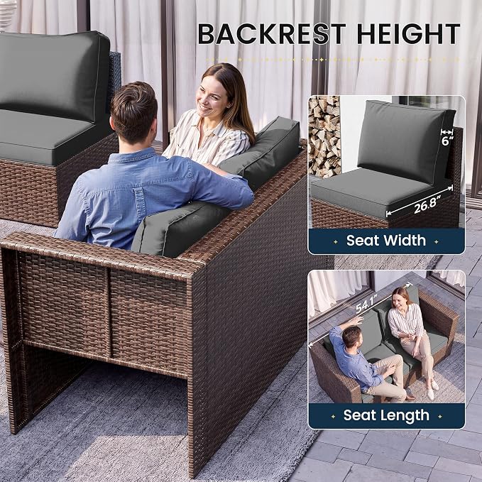 Amopatio Patio Furniture Set with Fire Pit Table, All-Weather Wicker Outdoor Conversation Sofa Set with Glass Coffee Table, Cushions & Ottomans for Deck Backyard Porch Lawn Brown/Dark Grey