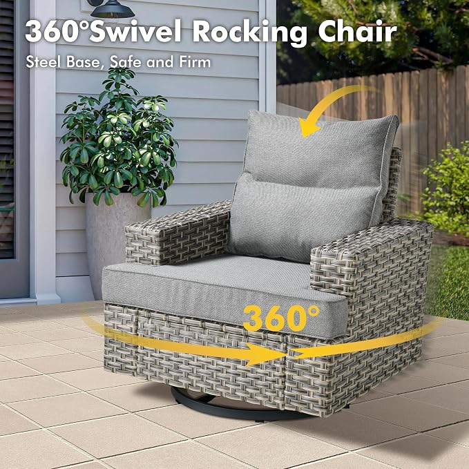 Weaxty 9 Pieces Wide Seats Outdoor Furniture Set, Sectional Couch Swivel Rocking Chair Ottoman Fire Pit Table, Thick Cushion All-Weather Rattan Patio Conversation Sets for Backyard Deck, Dark Gray