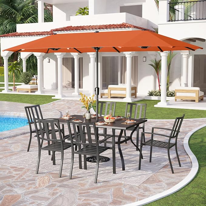 PHI VILLA 7 Pcs Patio Dining Set w/Umbrella&6 Stackable Chairs | 60” Rectangular Metal Dining Table & 6 Stackable Metal Chairs & 13ft Large Red Umbrella for Outdoor, Deck, Yard, Porch