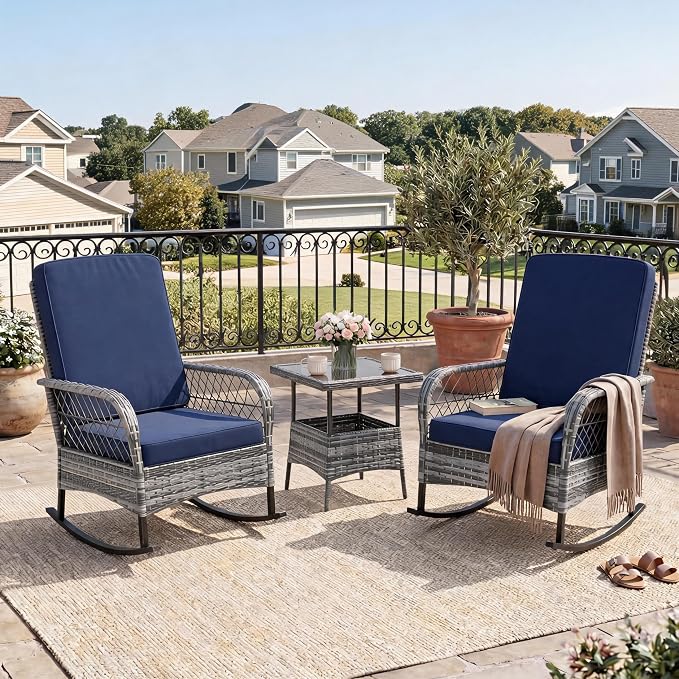 Outdoor Wicker Rocking Chair Set of 3 Pieces, Patio Furniture with Rattan Rocker Chairs, Glass-Top Coffee Table and Beige Washable Cushions for Garden, Balcony, Porch (Gray Wicker & Blue Cushions)