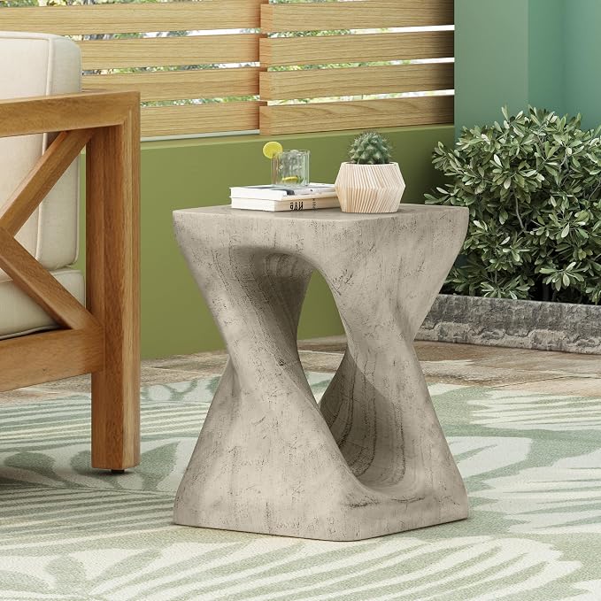 Lightweight Concrete Outdoor Side Table,Twist Shape Outdoor End Table, Wood-Like Texture Modern Small Accent Table for Patio Garden Balcony Porch Antique Gray 16" H